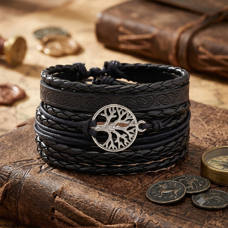 📿 Bracelet en Cuir Tressé Arbre de Vie – Multicouche 🌳